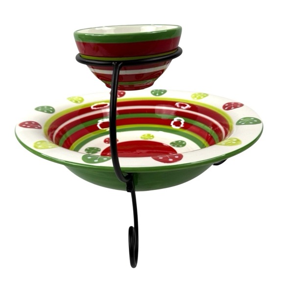 At Home Christmas Ornament/Snowflake Ceramic Chip Dip Bowl Set Iron Stand - Picture 4 of 16
